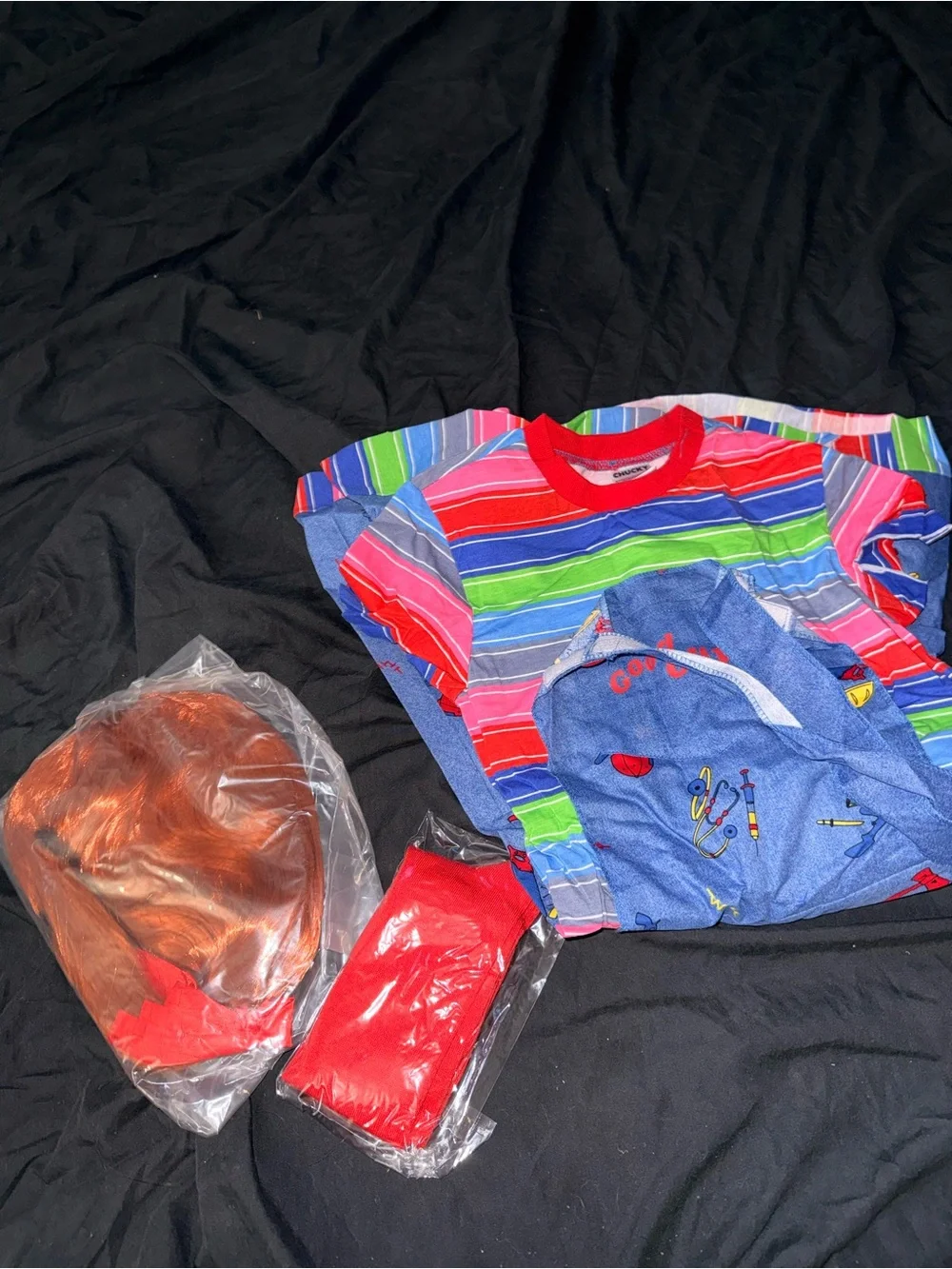 Chucky Jumper Dress Costume with Red Socks and Wig size large kids